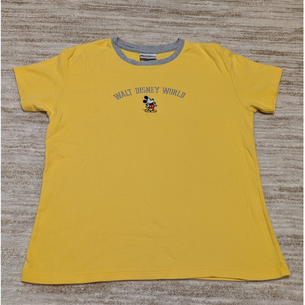 Walt Disney World T Shirt Womens Sz XL Yellow Mickey Mouse Ringer Tee Puff Print